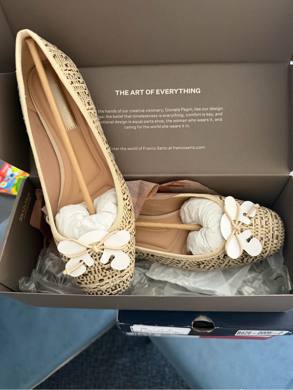 Franco Sarto Natural Beige Woven Ballet Flats with Floral Bow